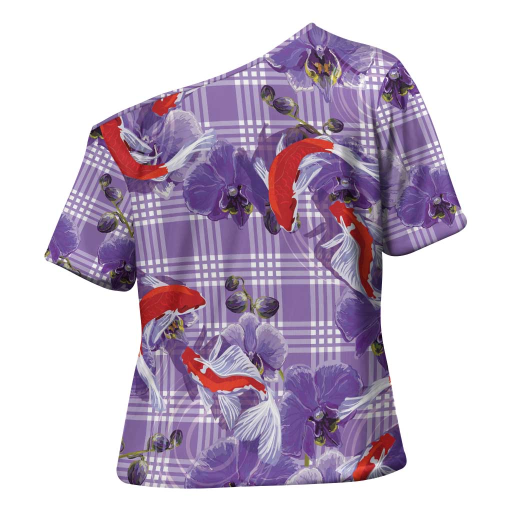 Lavender Palaka Hawaii Aloha Cross Shoulder Shirt Koi Pond Mix Orchids - Polynesian Pride