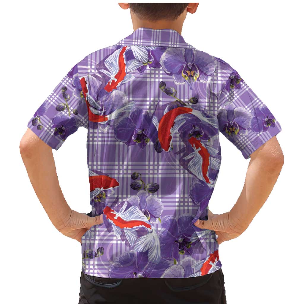 Lavender Palaka Hawaii Aloha Family Matching Mermaid Dress and Hawaiian Shirt Koi Pond Mix Orchids - Polynesian Pride