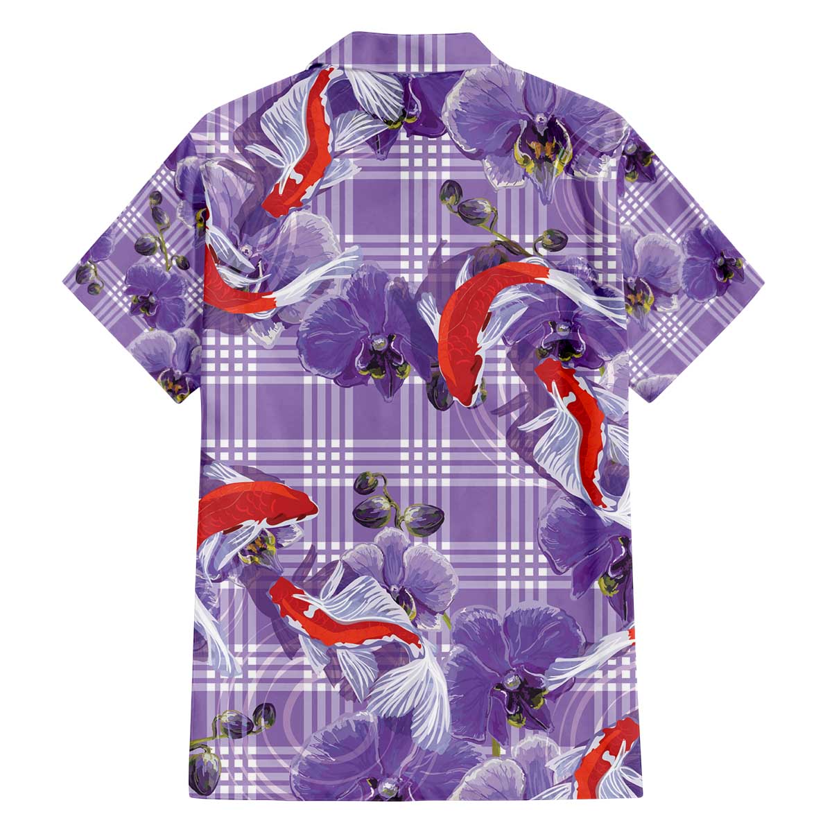 Lavender Palaka Hawaii Aloha Family Matching Off The Shoulder Long Sleeve Dress and Hawaiian Shirt Koi Pond Mix Orchids - Polynesian Pride