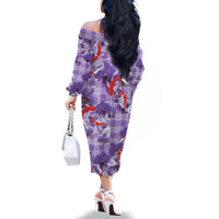 Lavender Palaka Hawaii Aloha Family Matching Off The Shoulder Long Sleeve Dress and Hawaiian Shirt Koi Pond Mix Orchids - Polynesian Pride