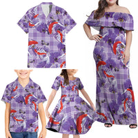 Lavender Palaka Hawaii Aloha Family Matching Off Shoulder Maxi Dress and Hawaiian Shirt Koi Pond Mix Orchids - Polynesian Pride