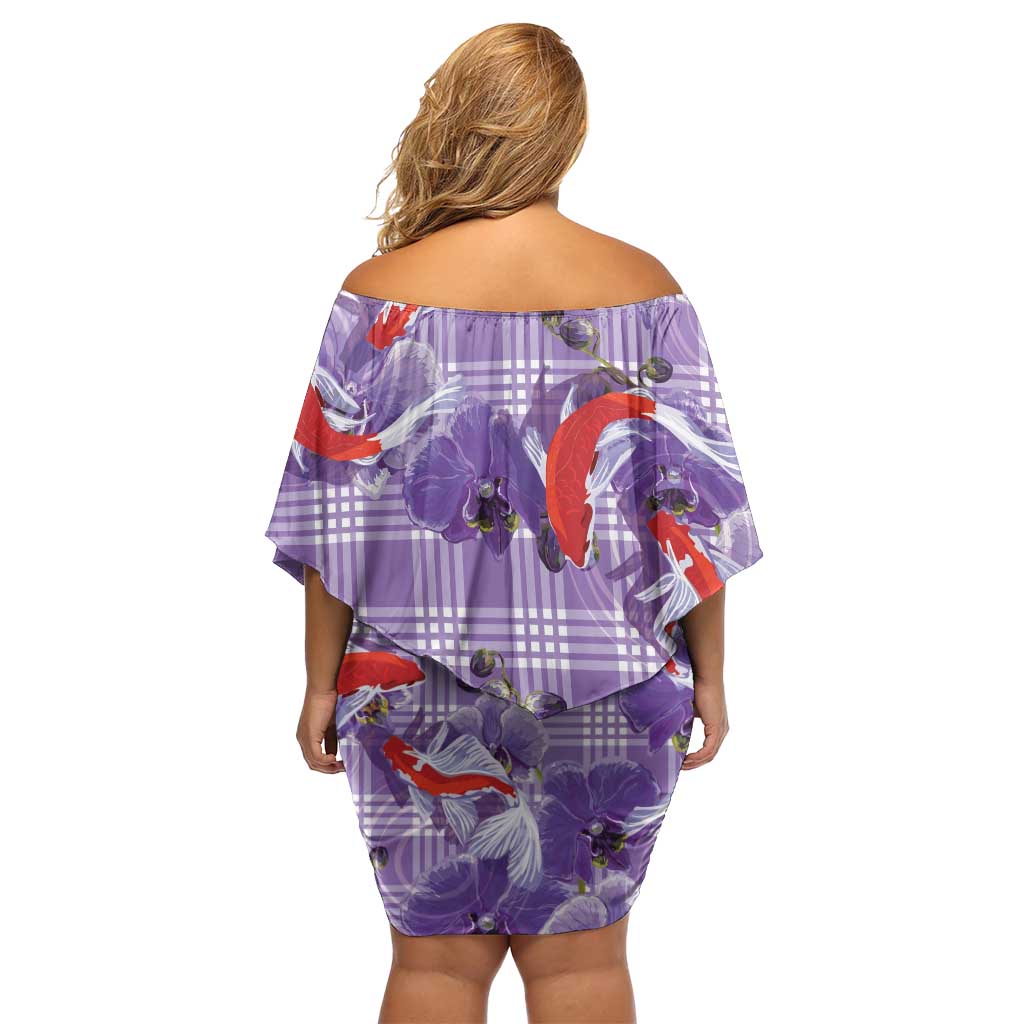 Lavender Palaka Hawaii Aloha Family Matching Off Shoulder Short Dress and Hawaiian Shirt Koi Pond Mix Orchids - Polynesian Pride
