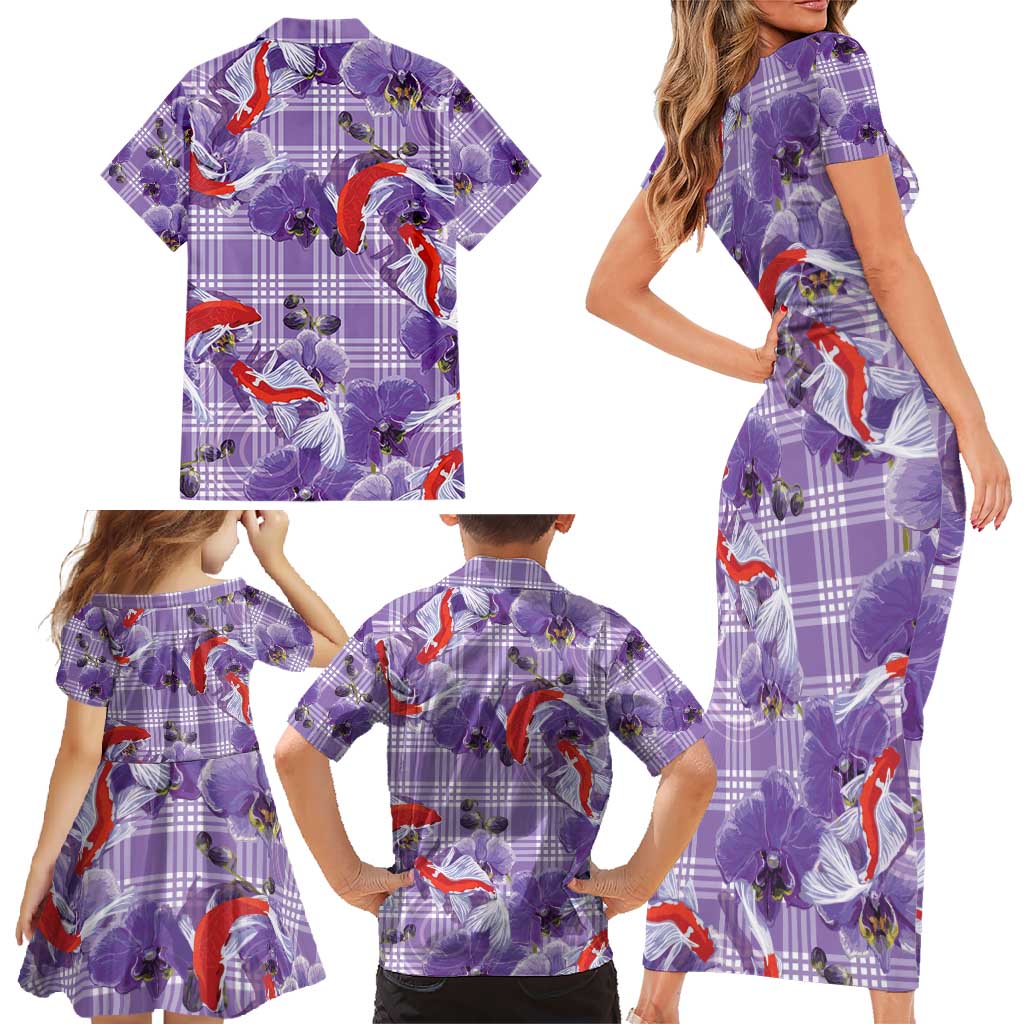Lavender Palaka Hawaii Aloha Family Matching Short Sleeve Bodycon Dress and Hawaiian Shirt Koi Pond Mix Orchids - Polynesian Pride