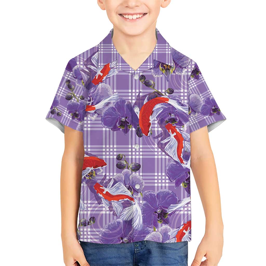 Lavender Palaka Hawaii Aloha Kid Hawaiian Shirt Koi Pond Mix Orchids - Polynesian Pride