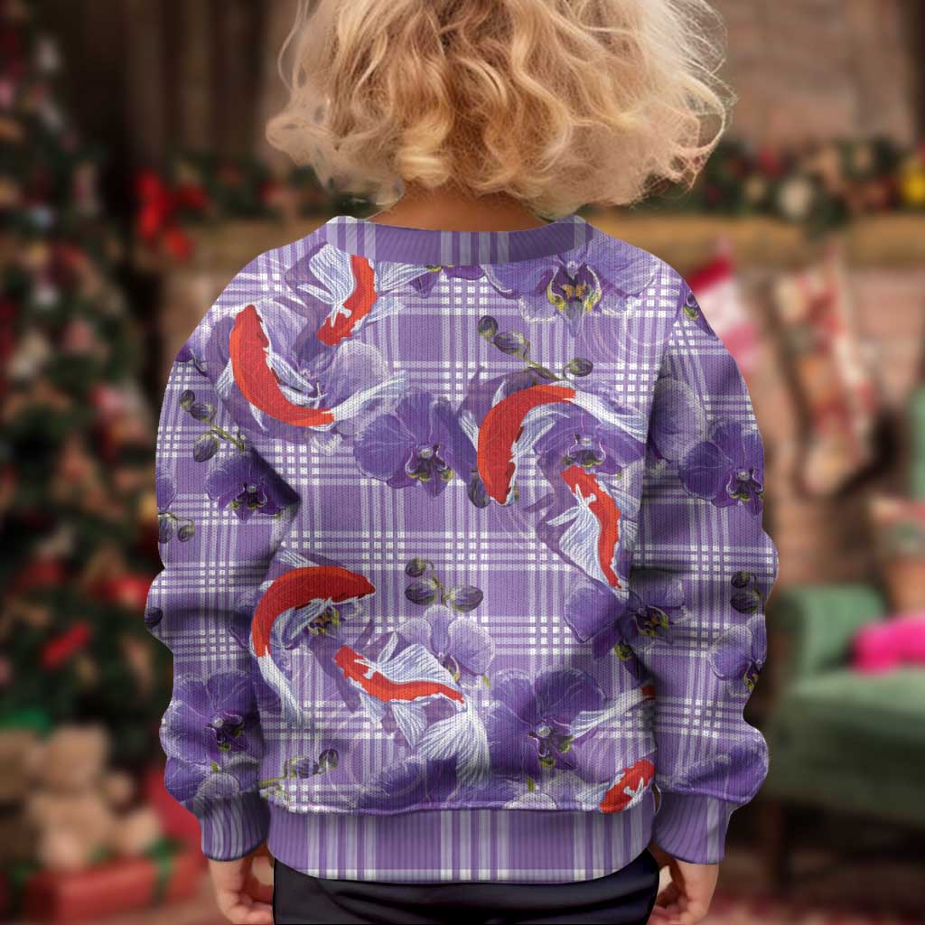 Lavender Palaka Hawaii Aloha Kid Ugly Christmas Sweater Koi Pond Mix Orchids - Polynesian Pride