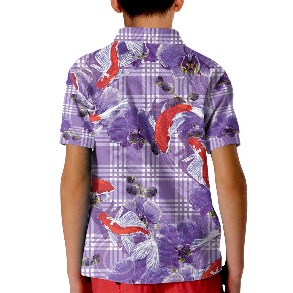Lavender Palaka Hawaii Aloha Kid Polo Shirt Koi Pond Mix Orchids - Polynesian Pride