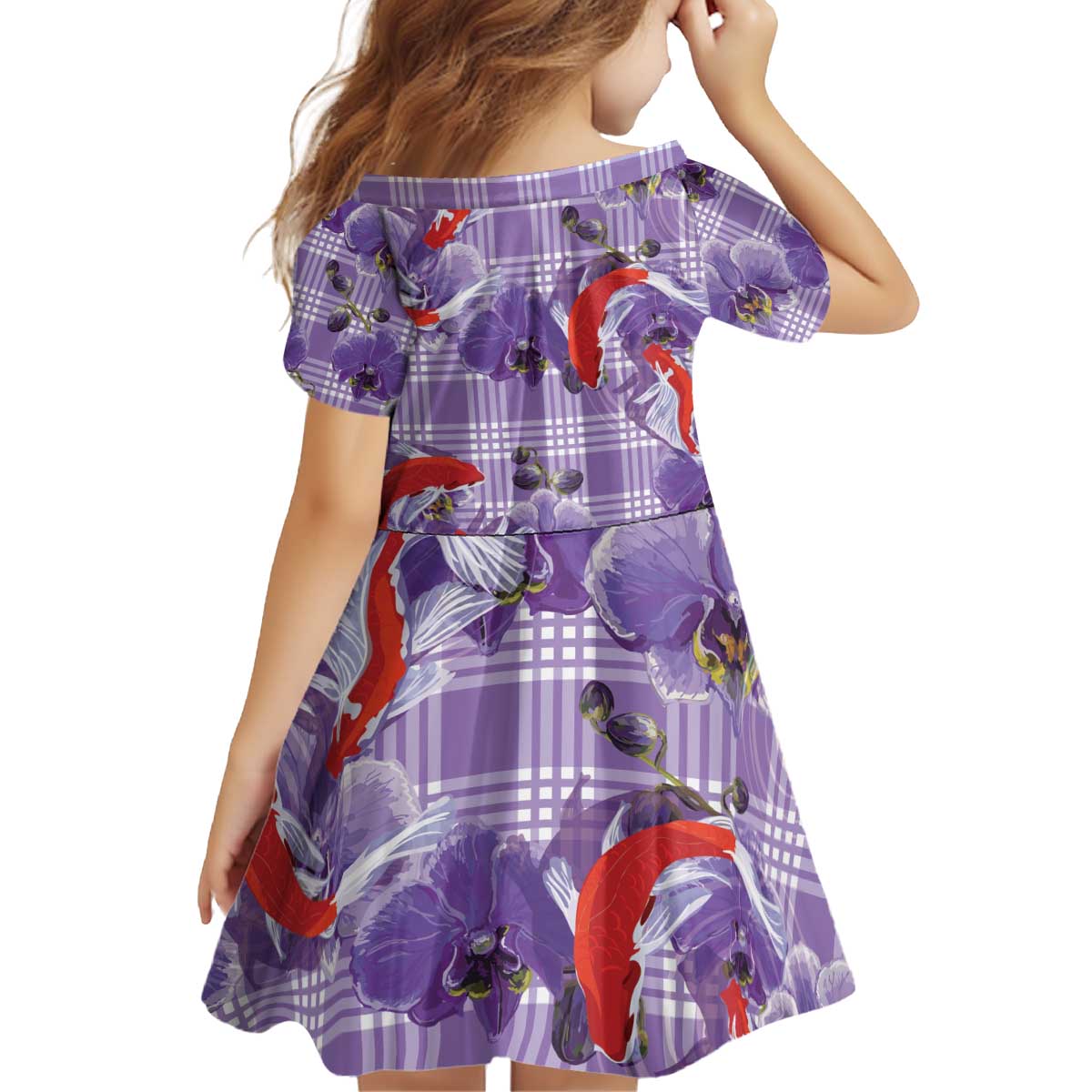 Lavender Palaka Hawaii Aloha Kid Short Sleeve Dress Koi Pond Mix Orchids - Polynesian Pride