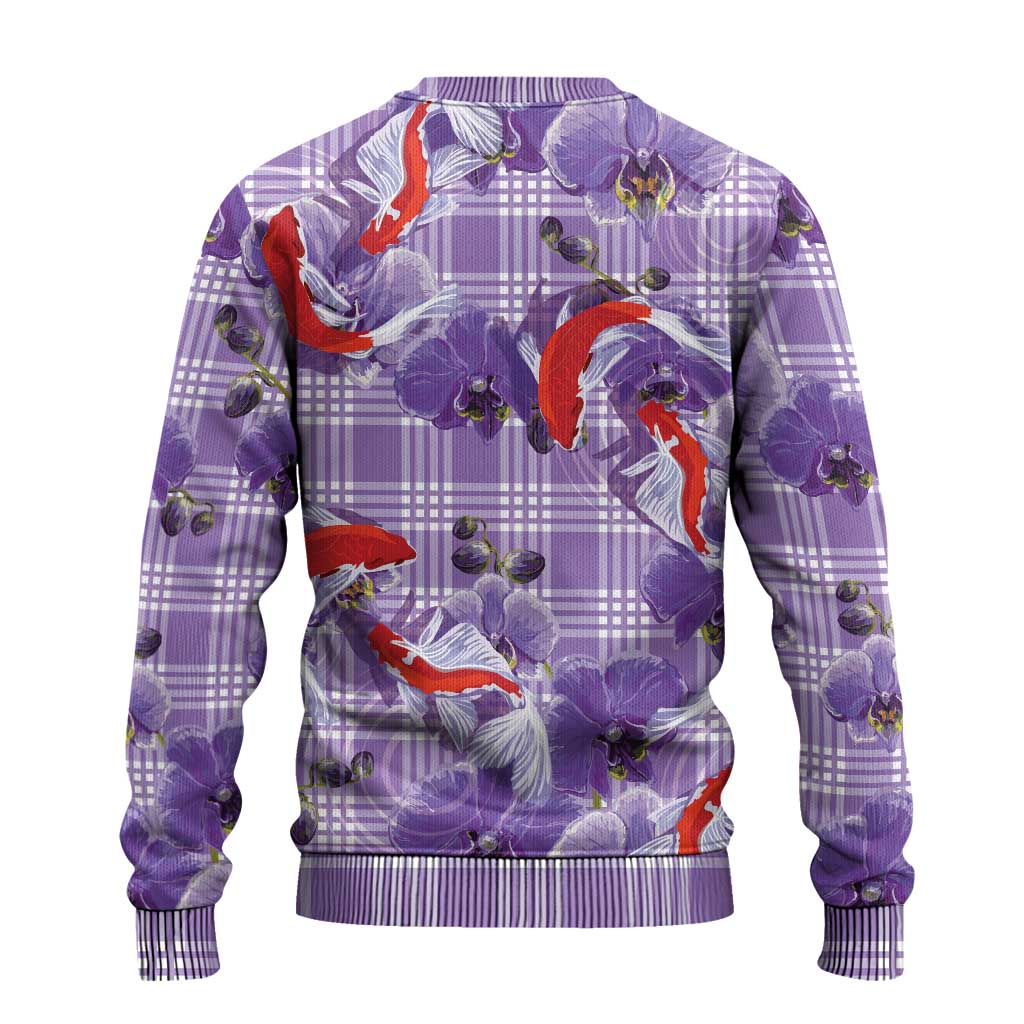 Lavender Palaka Hawaii Aloha Ugly Christmas Sweater Koi Pond Mix Orchids - Polynesian Pride