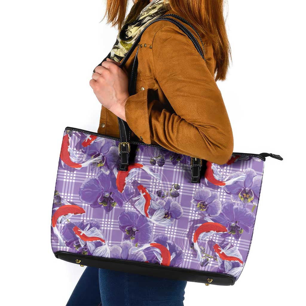 Lavender Palaka Hawaii Aloha Leather Tote Bag Koi Pond Mix Orchids - Polynesian Pride