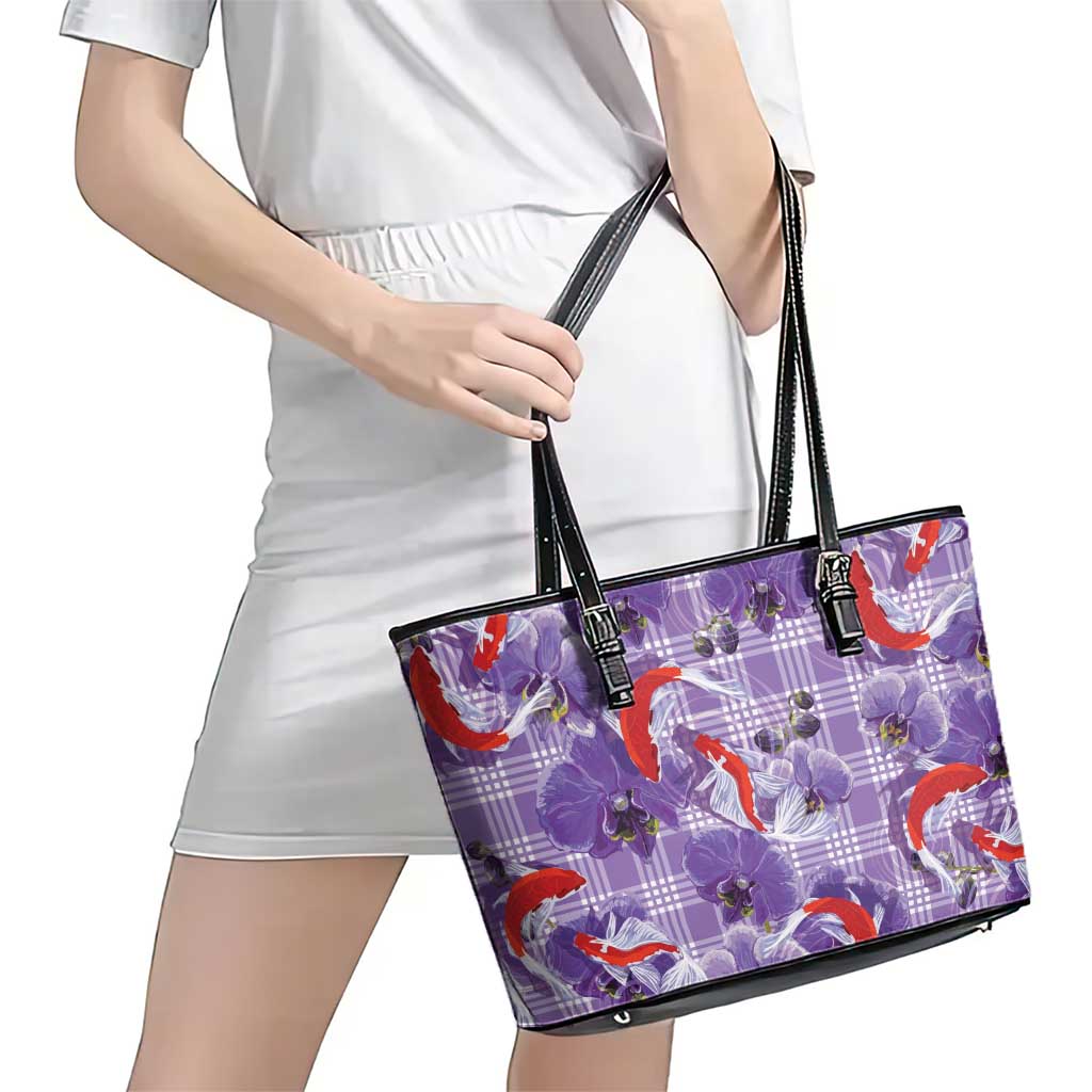 Lavender Palaka Hawaii Aloha Leather Tote Bag Koi Pond Mix Orchids - Polynesian Pride