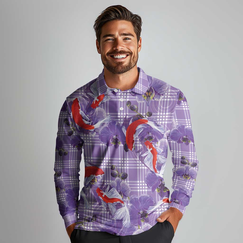 Lavender Palaka Hawaii Aloha Long Sleeve Polo Shirt Koi Pond Mix Orchids - Polynesian Pride