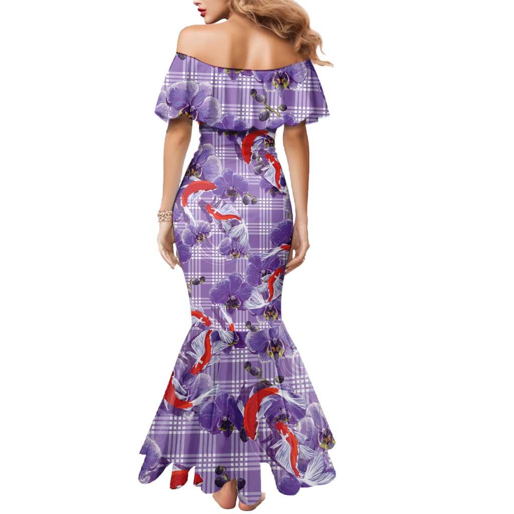 Lavender Palaka Hawaii Aloha Mermaid Dress Koi Pond Mix Orchids - Polynesian Pride