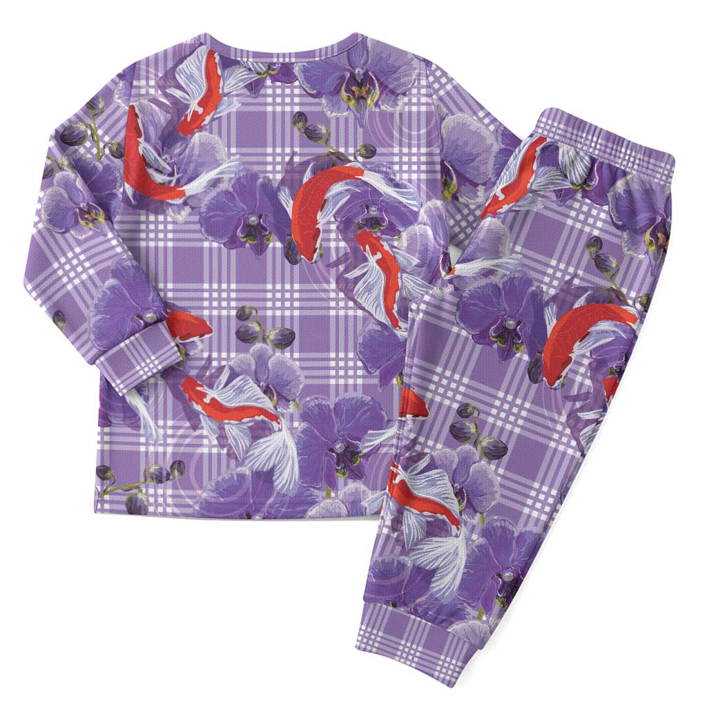 Lavender Palaka Hawaii Aloha Christmas Pajama Set Koi Pond Mix Orchids - Polynesian Pride