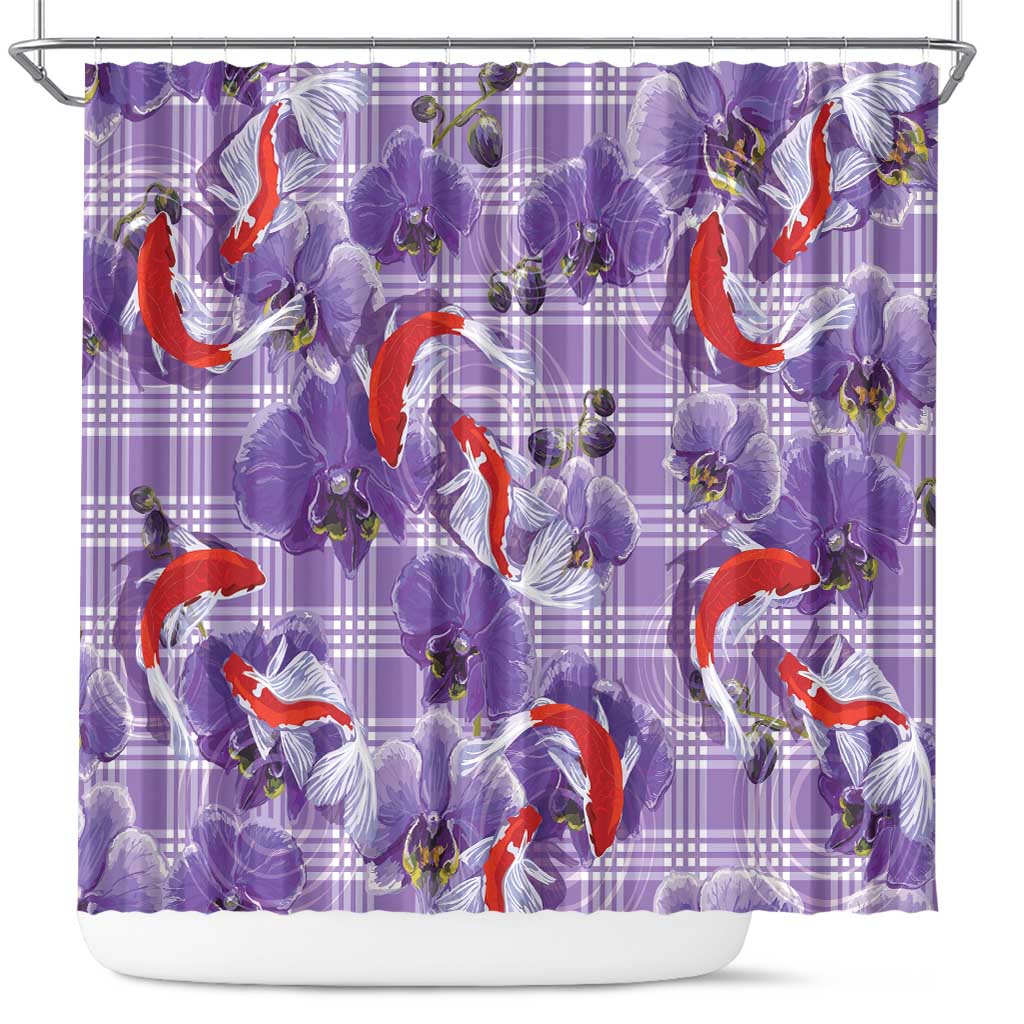 Lavender Palaka Hawaii Aloha Shower Curtain Koi Pond Mix Orchids - Polynesian Pride