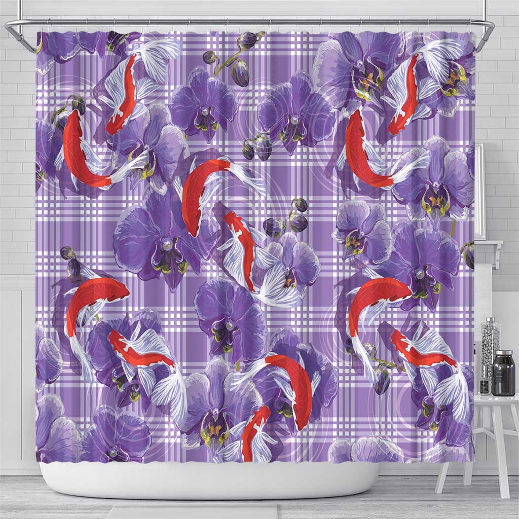 Lavender Palaka Hawaii Aloha Shower Curtain Koi Pond Mix Orchids - Polynesian Pride