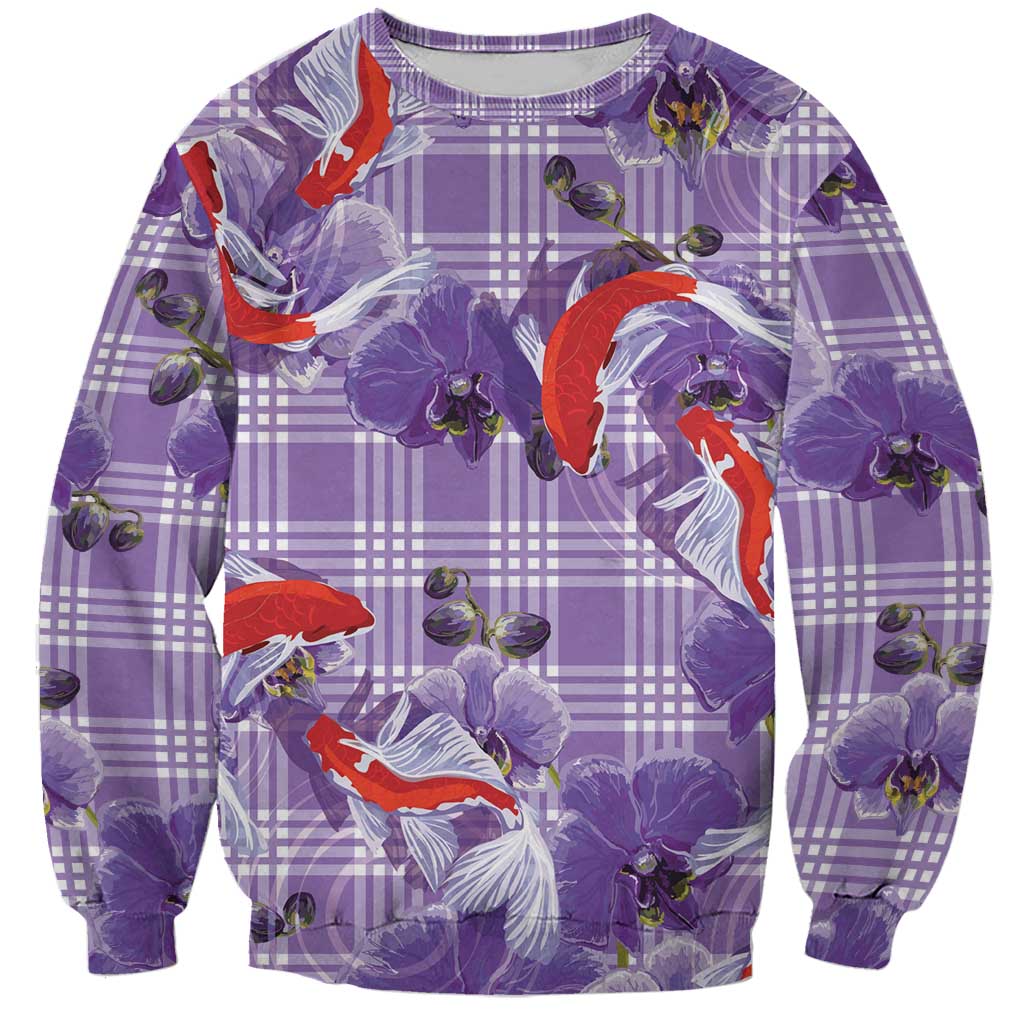 Lavender Palaka Hawaii Aloha Sweatshirt Koi Pond Mix Orchids - Polynesian Pride