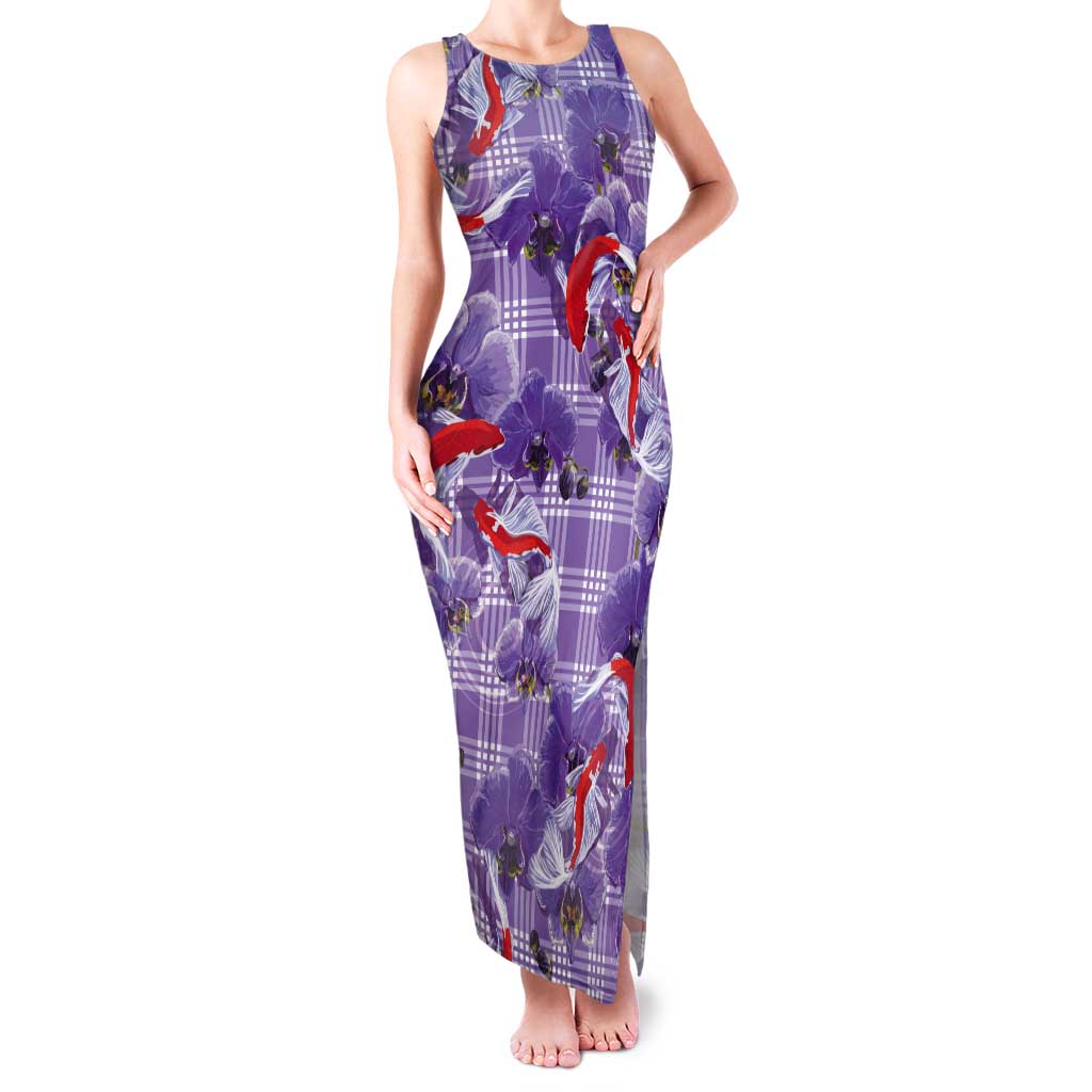 Lavender Palaka Hawaii Aloha Tank Maxi Dress Koi Pond Mix Orchids - Polynesian Pride