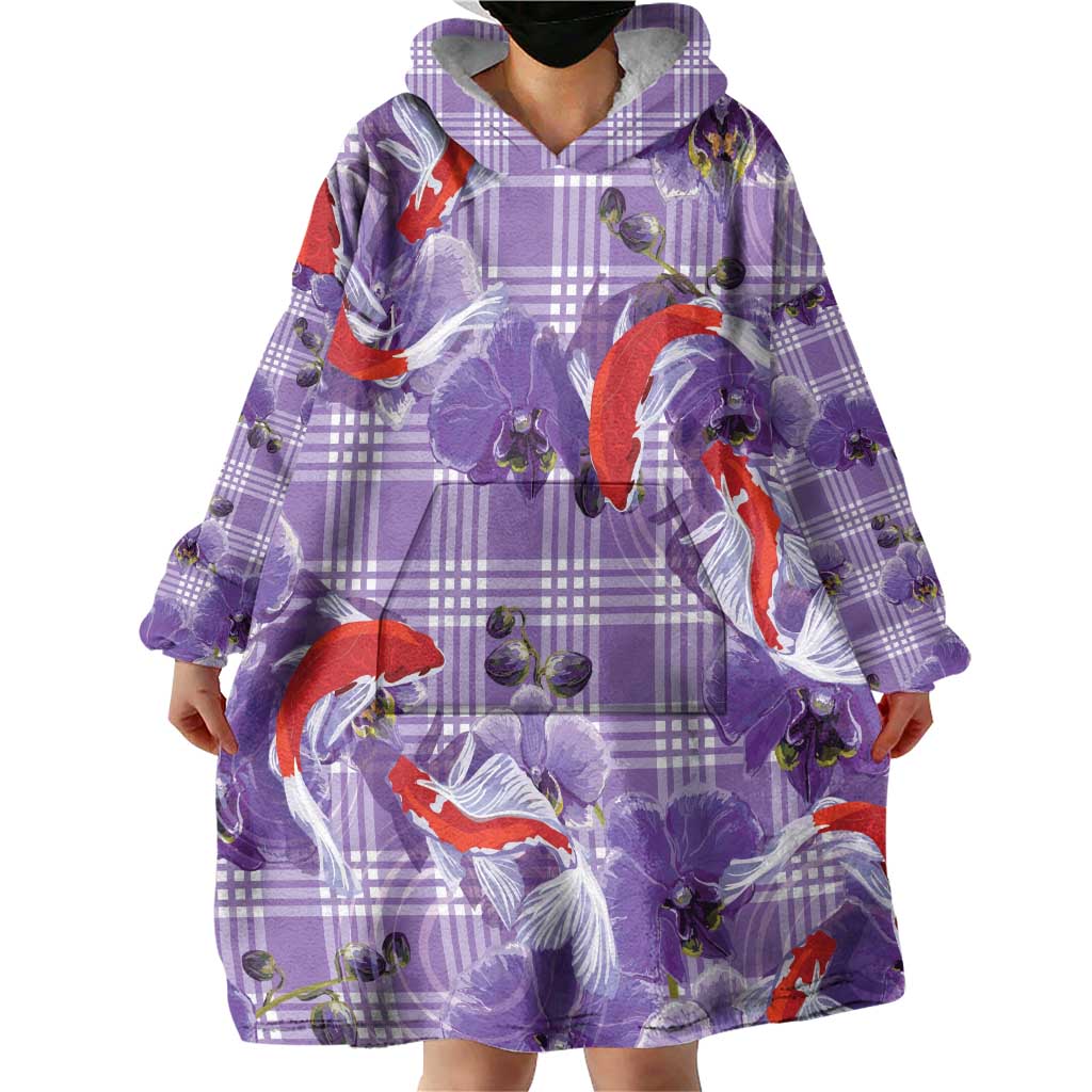 Lavender Palaka Hawaii Aloha Wearable Blanket Hoodie Koi Pond Mix Orchids - Polynesian Pride