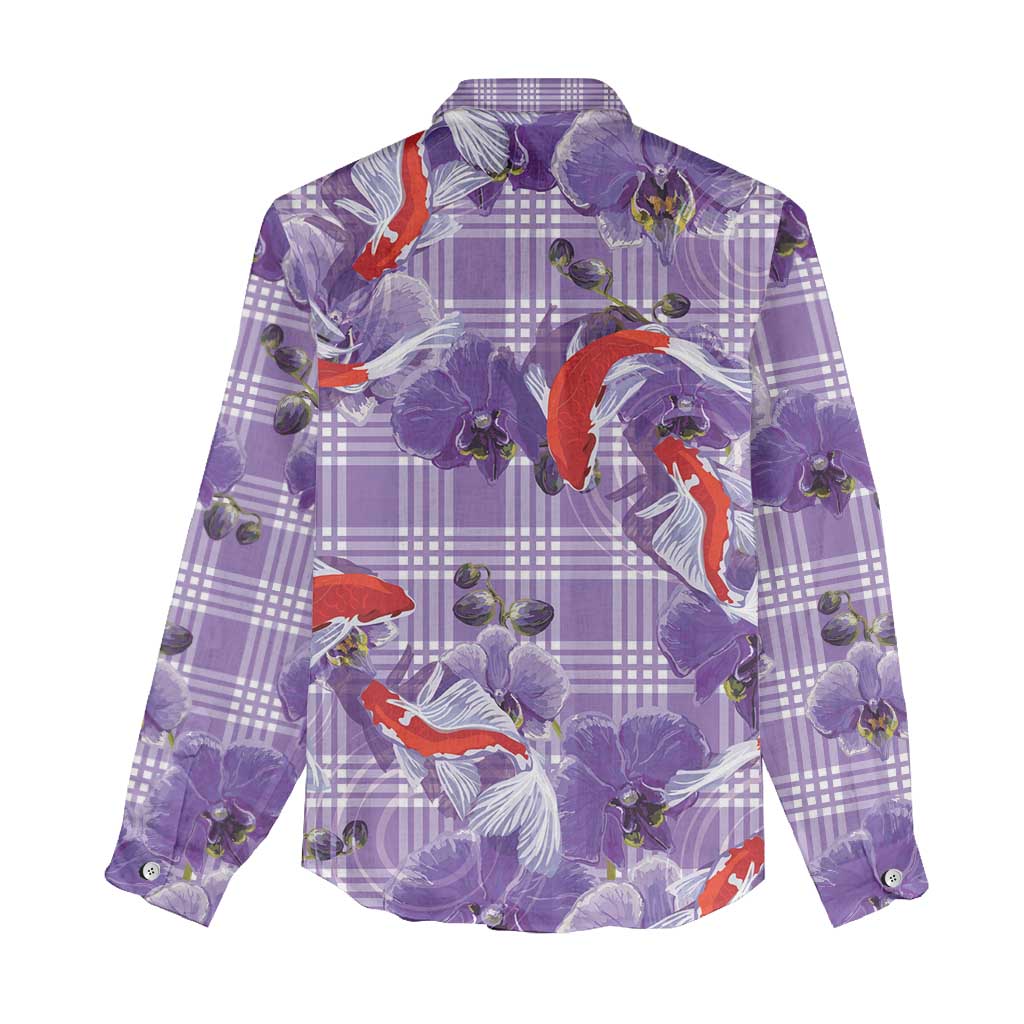 Lavender Palaka Hawaii Aloha Women Casual Shirt Koi Pond Mix Orchids - Polynesian Pride