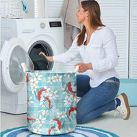 Turquoise Palaka Hawaii Aloha Laundry Basket Koi Pond Mix Plumeria - Polynesian Pride