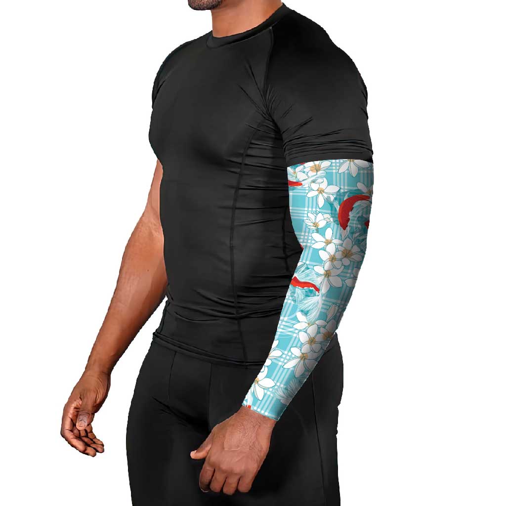 Turquoise Palaka Hawaii Aloha Arm Sleeves Koi Pond Mix Plumeria - Polynesian Pride