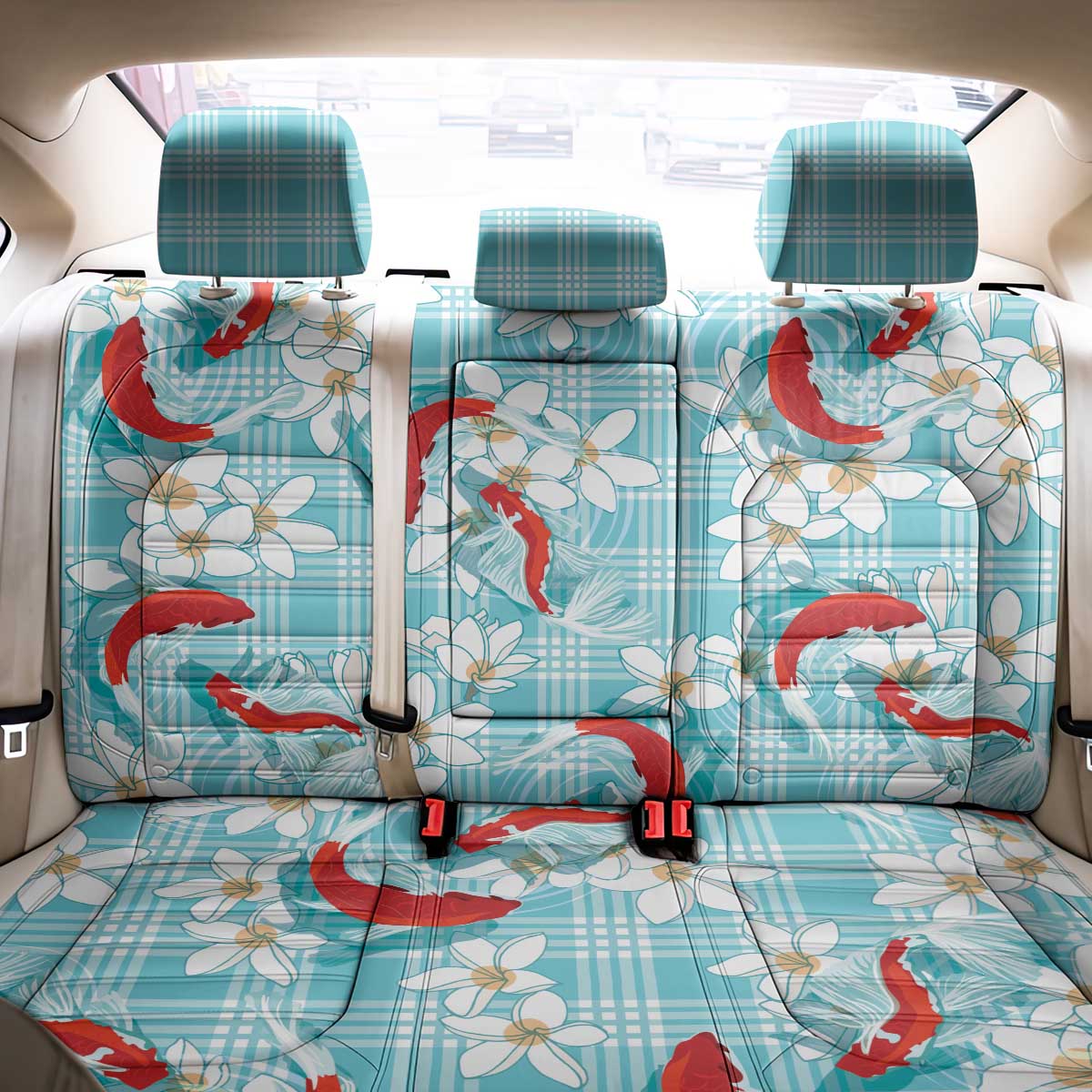 Turquoise Palaka Hawaii Aloha Back Car Seat Cover Koi Pond Mix Plumeria - Polynesian Pride