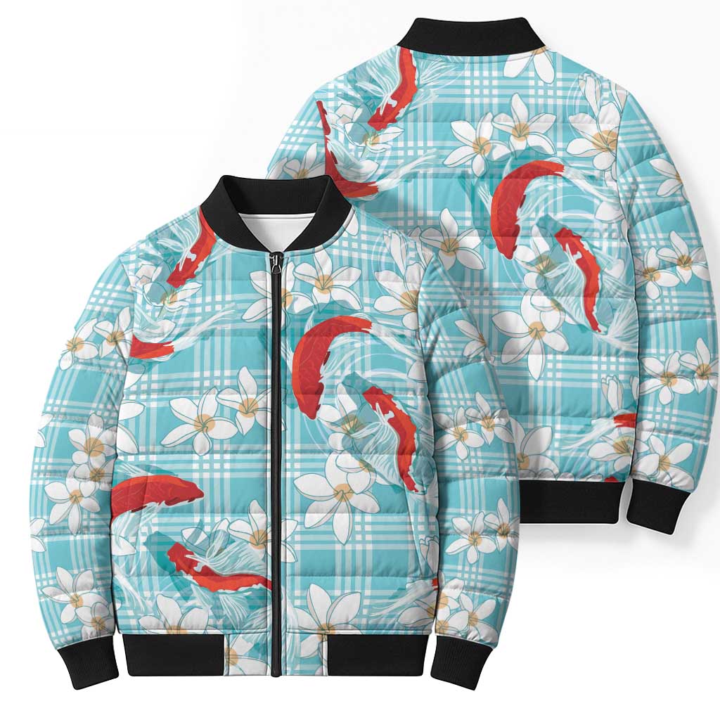 Turquoise Palaka Hawaii Aloha Bomber Puffer Jacket Koi Pond Mix Plumeria - Polynesian Pride