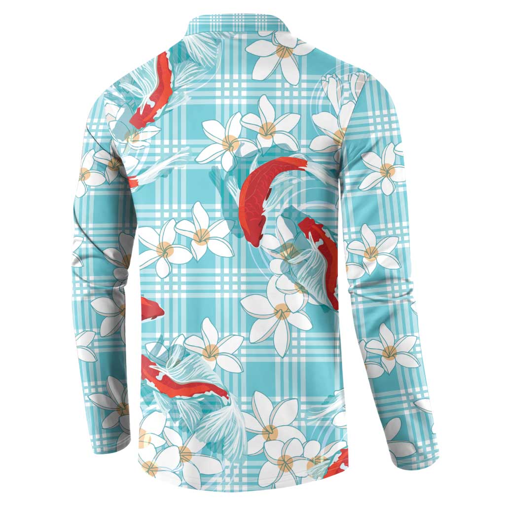 Turquoise Palaka Hawaii Aloha Button Sweatshirt Koi Pond Mix Plumeria - Polynesian Pride