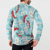 Turquoise Palaka Hawaii Aloha Button Sweatshirt Koi Pond Mix Plumeria - Polynesian Pride