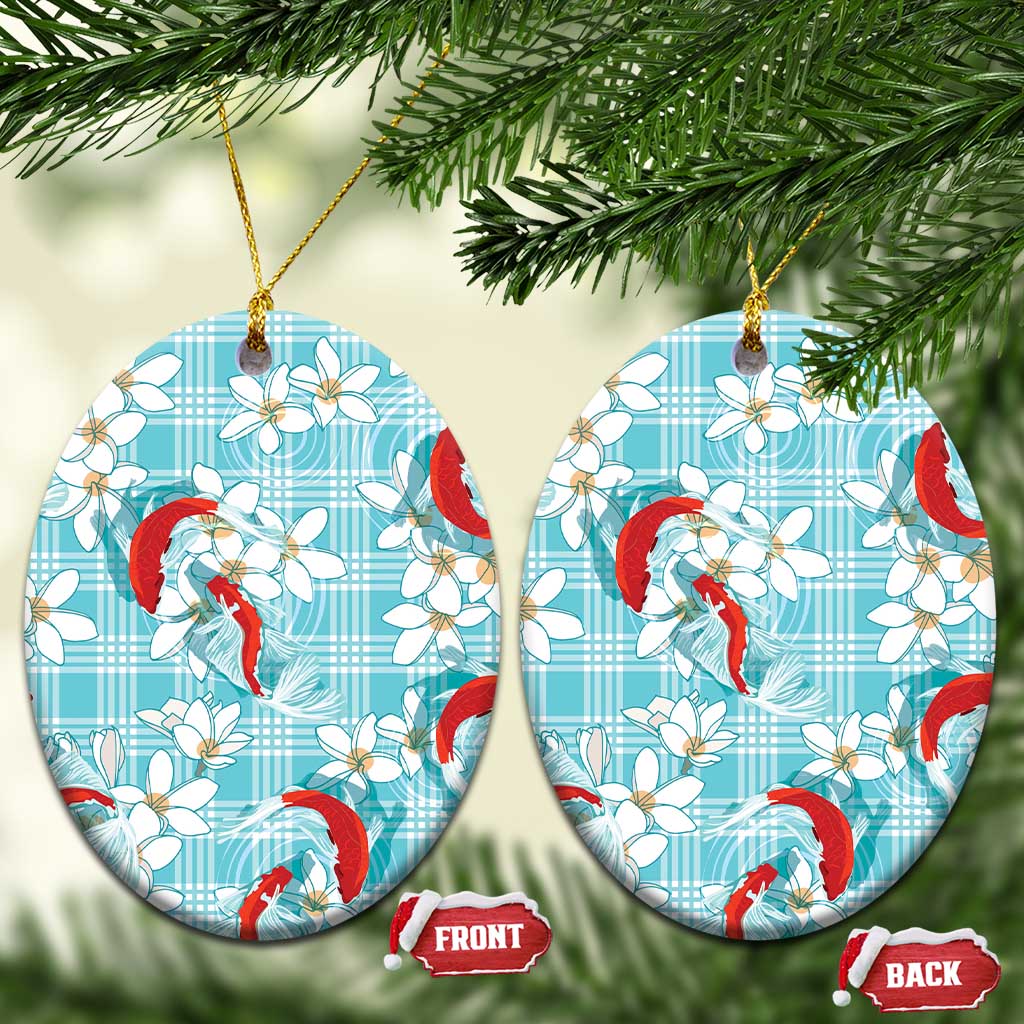 Turquoise Palaka Hawaii Aloha Ceramic Ornament Koi Pond Mix Plumeria - Polynesian Pride