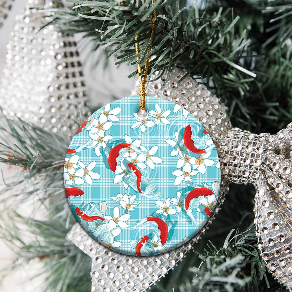 Turquoise Palaka Hawaii Aloha Ceramic Ornament Koi Pond Mix Plumeria - Polynesian Pride