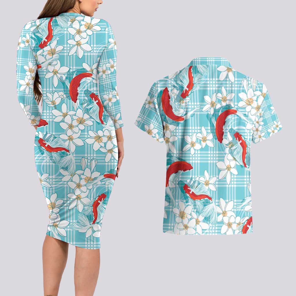 Turquoise Palaka Hawaii Aloha Couples Matching Long Sleeve Bodycon Dress and Hawaiian Shirt Koi Pond Mix Plumeria - Polynesian Pride