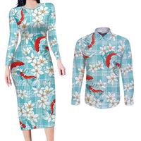 Turquoise Palaka Hawaii Aloha Couples Matching Long Sleeve Bodycon Dress and Long Sleeve Button Shirt Koi Pond Mix Plumeria - Polynesian Pride