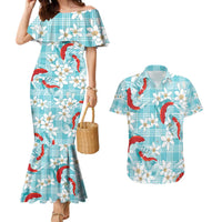 Turquoise Palaka Hawaii Aloha Couples Matching Mermaid Dress and Hawaiian Shirt Koi Pond Mix Plumeria - Polynesian Pride