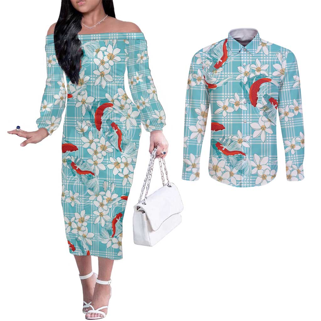 Turquoise Palaka Hawaii Aloha Couples Matching Off The Shoulder Long Sleeve Dress and Long Sleeve Button Shirt Koi Pond Mix Plumeria - Polynesian Pride