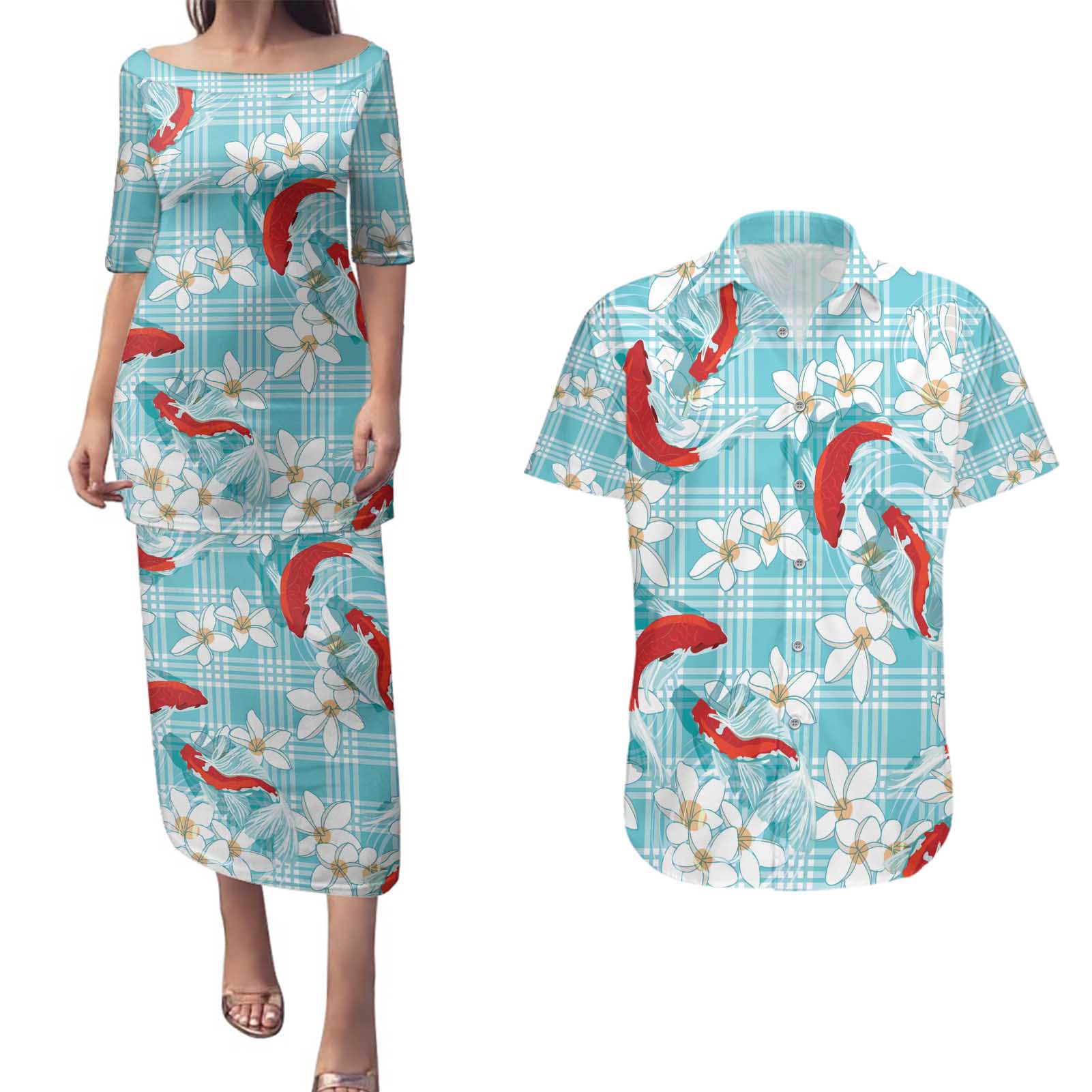 Turquoise Palaka Hawaii Aloha Couples Matching Puletasi and Hawaiian Shirt Koi Pond Mix Plumeria - Polynesian Pride