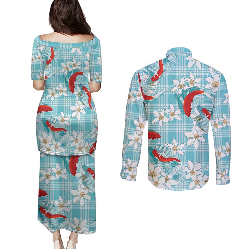 Turquoise Palaka Hawaii Aloha Couples Matching Puletasi and Long Sleeve Button Shirt Koi Pond Mix Plumeria - Polynesian Pride