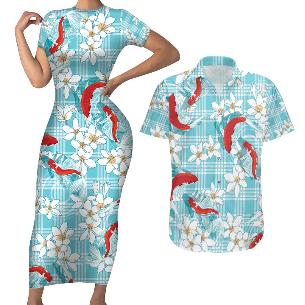 Turquoise Palaka Hawaii Aloha Couples Matching Short Sleeve Bodycon Dress and Hawaiian Shirt Koi Pond Mix Plumeria - Polynesian Pride