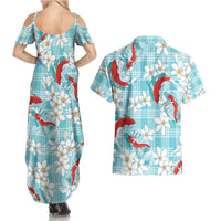 Turquoise Palaka Hawaii Aloha Couples Matching Summer Maxi Dress and Hawaiian Shirt Koi Pond Mix Plumeria - Polynesian Pride