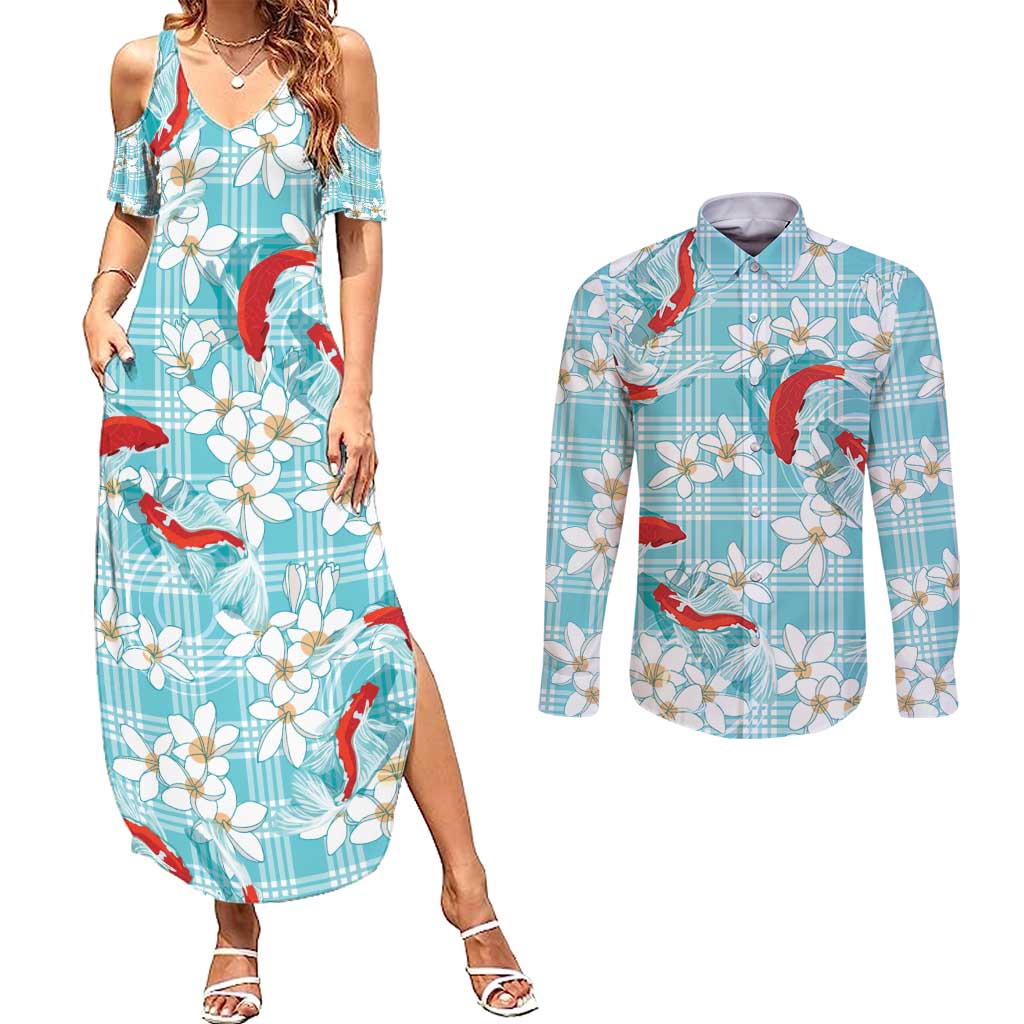 Turquoise Palaka Hawaii Aloha Couples Matching Summer Maxi Dress and Long Sleeve Button Shirt Koi Pond Mix Plumeria - Polynesian Pride