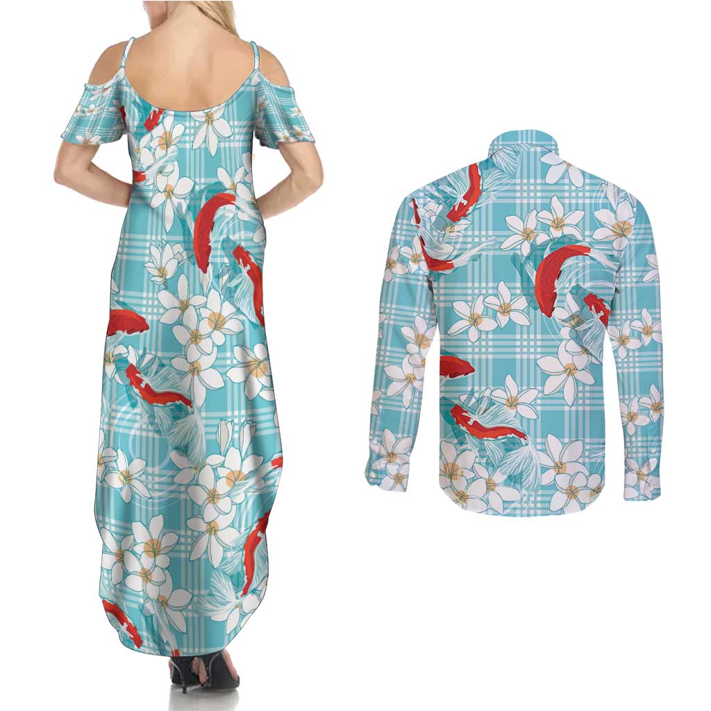 Turquoise Palaka Hawaii Aloha Couples Matching Summer Maxi Dress and Long Sleeve Button Shirt Koi Pond Mix Plumeria - Polynesian Pride
