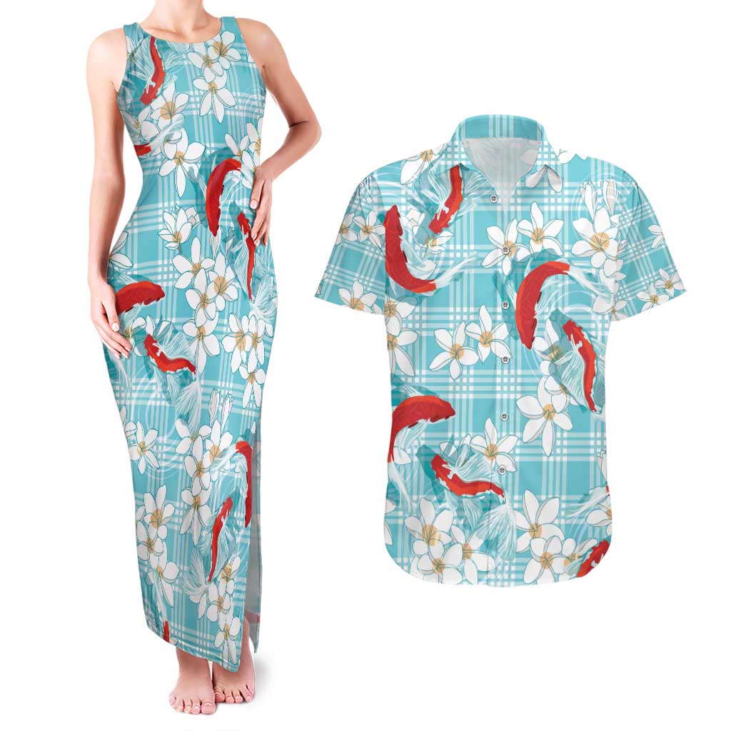 Turquoise Palaka Hawaii Aloha Couples Matching Tank Maxi Dress and Hawaiian Shirt Koi Pond Mix Plumeria - Polynesian Pride