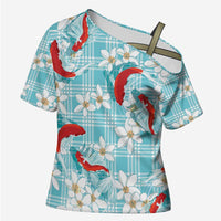 Turquoise Palaka Hawaii Aloha Cross Shoulder Shirt Koi Pond Mix Plumeria - Polynesian Pride