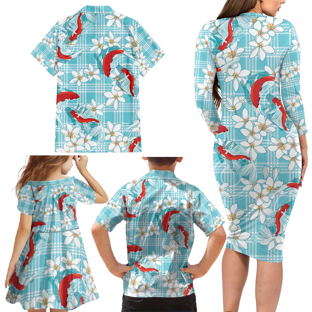 Turquoise Palaka Hawaii Aloha Family Matching Long Sleeve Bodycon Dress and Hawaiian Shirt Koi Pond Mix Plumeria - Polynesian Pride