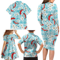 Turquoise Palaka Hawaii Aloha Family Matching Long Sleeve Bodycon Dress and Hawaiian Shirt Koi Pond Mix Plumeria - Polynesian Pride