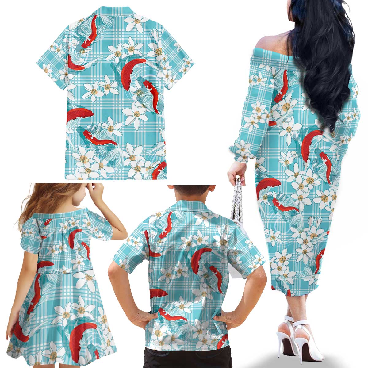 Turquoise Palaka Hawaii Aloha Family Matching Off The Shoulder Long Sleeve Dress and Hawaiian Shirt Koi Pond Mix Plumeria - Polynesian Pride