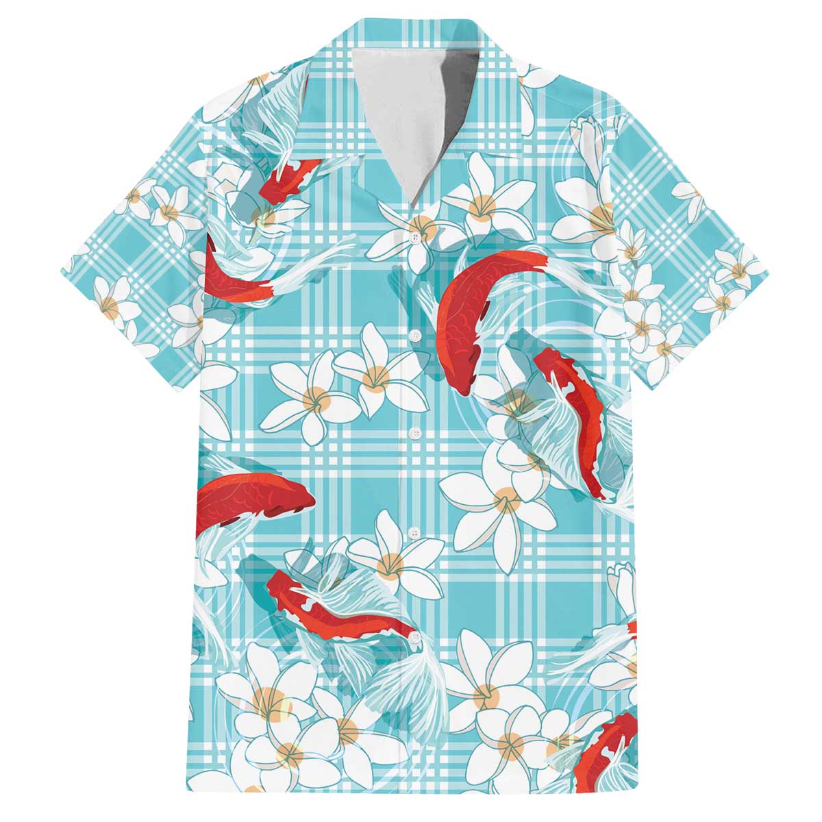Turquoise Palaka Hawaii Aloha Family Matching Off The Shoulder Long Sleeve Dress and Hawaiian Shirt Koi Pond Mix Plumeria - Polynesian Pride