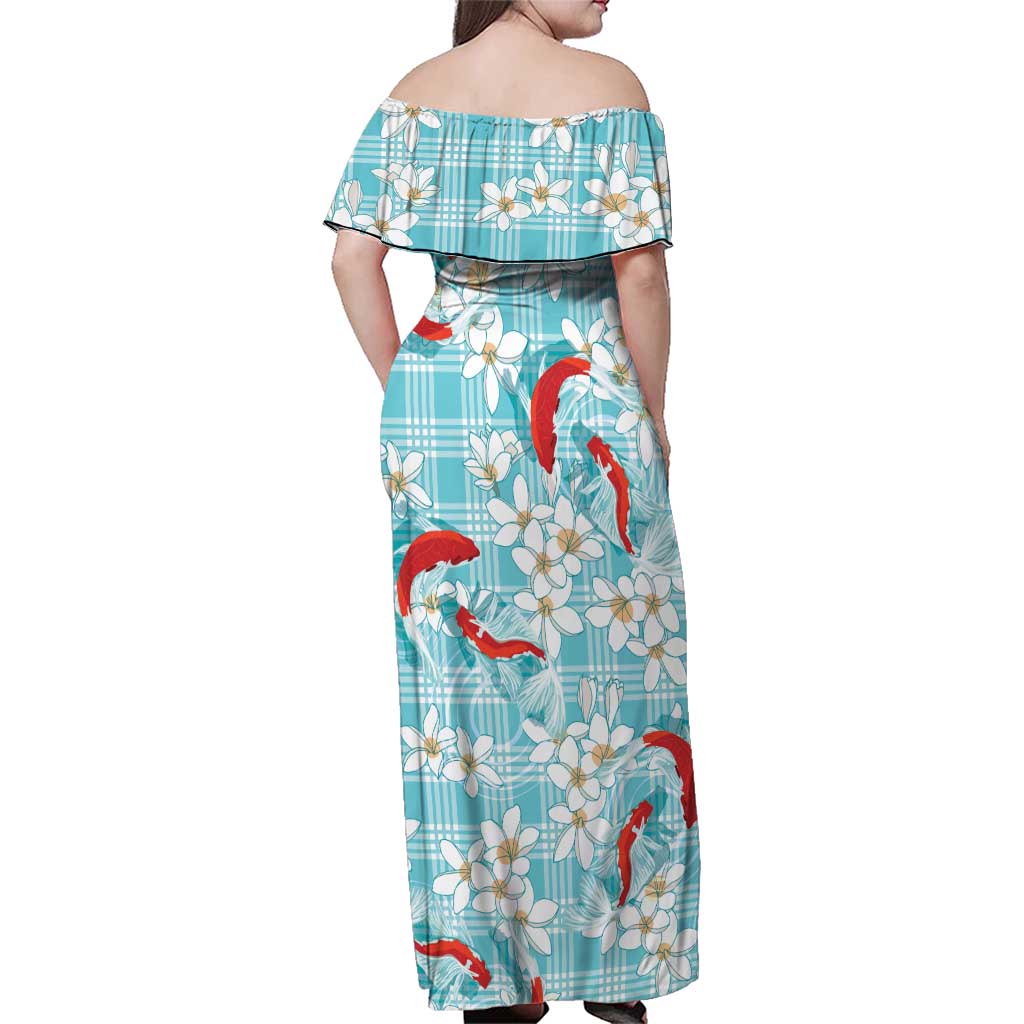 Turquoise Palaka Hawaii Aloha Family Matching Off Shoulder Maxi Dress and Hawaiian Shirt Koi Pond Mix Plumeria - Polynesian Pride