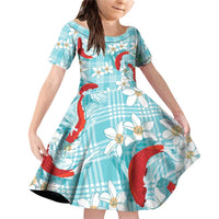 Turquoise Palaka Hawaii Aloha Family Matching Off Shoulder Short Dress and Hawaiian Shirt Koi Pond Mix Plumeria - Polynesian Pride