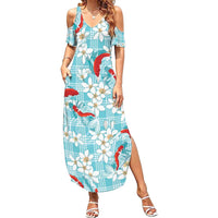 Turquoise Palaka Hawaii Aloha Family Matching Summer Maxi Dress and Hawaiian Shirt Koi Pond Mix Plumeria - Polynesian Pride